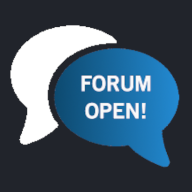 Icon Forum open. Weisse und bleue Sprechblase mit Text Forum open