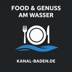 Grafik mit Besteck-Symbol und Wellen sowie dem Text Food und Genuss am Wasser - Gastro-Guide von kanal-baden.de